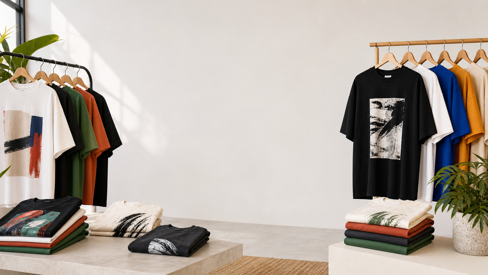 Colorful studio arrangement of T-shirts, hangers, and folded streetwear