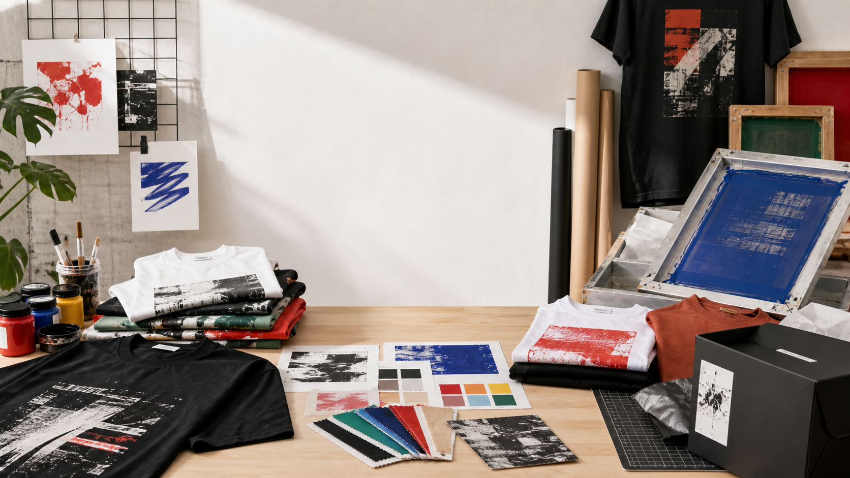 Colorful print workshop scene with T-shirts, artwork, and fabric swatches
