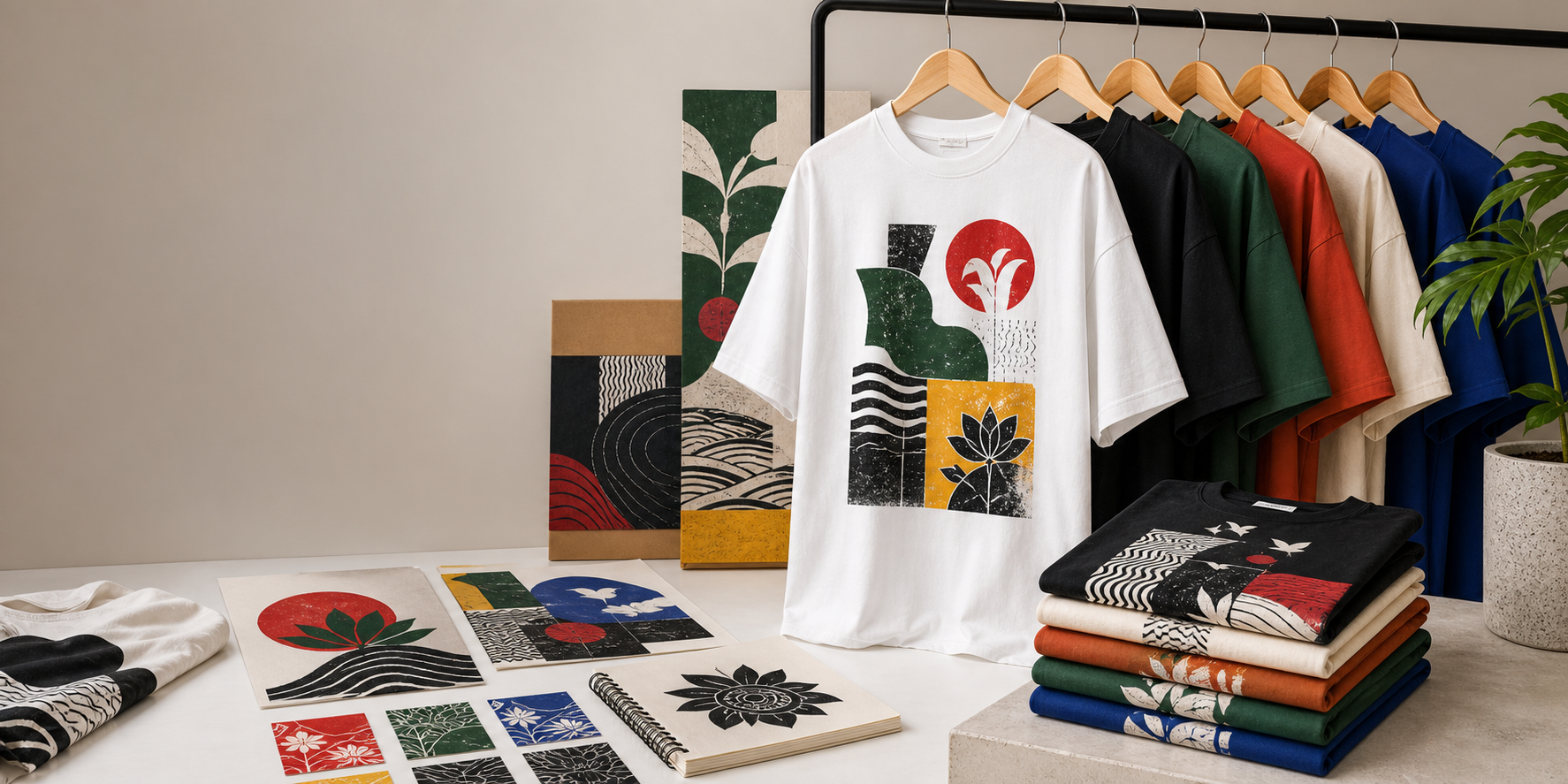 Bangla-inspired graphic tee studio arrangement with colorful abstract motifs