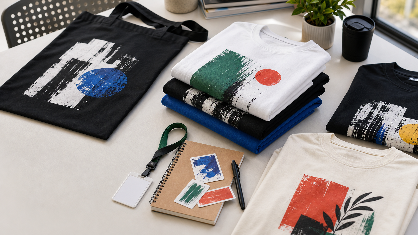 Campus streetwear desk with graphic tees and student accessories