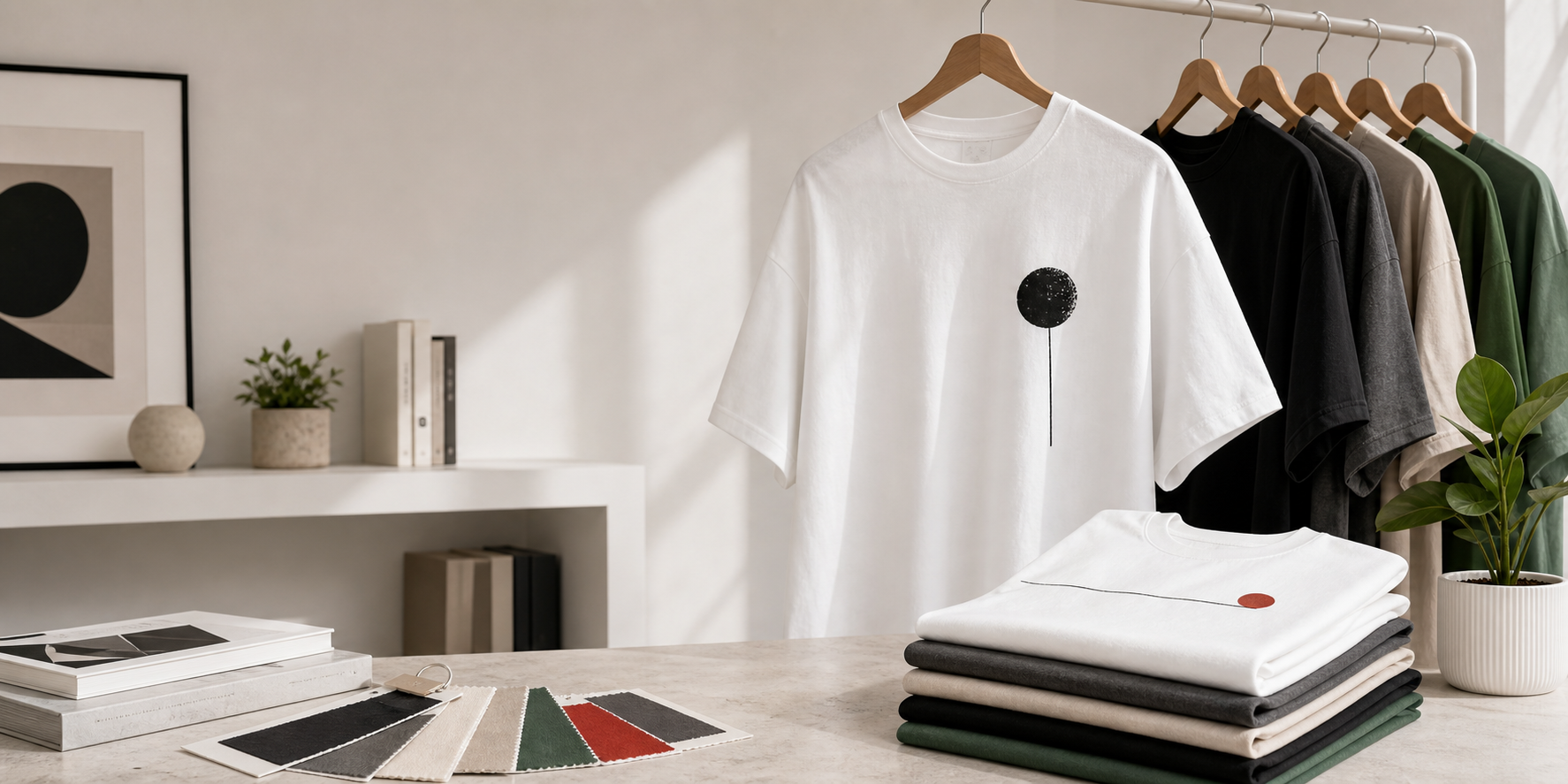 Minimal graphic T-shirts styled in a bright apparel studio