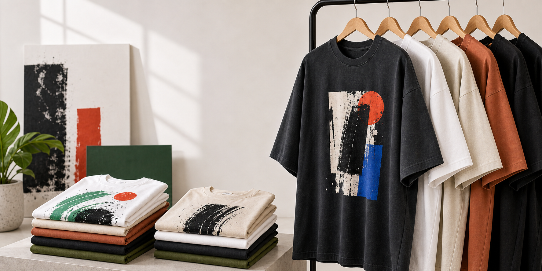 Oversized drop-shoulder T-shirts styled in a colorful studio