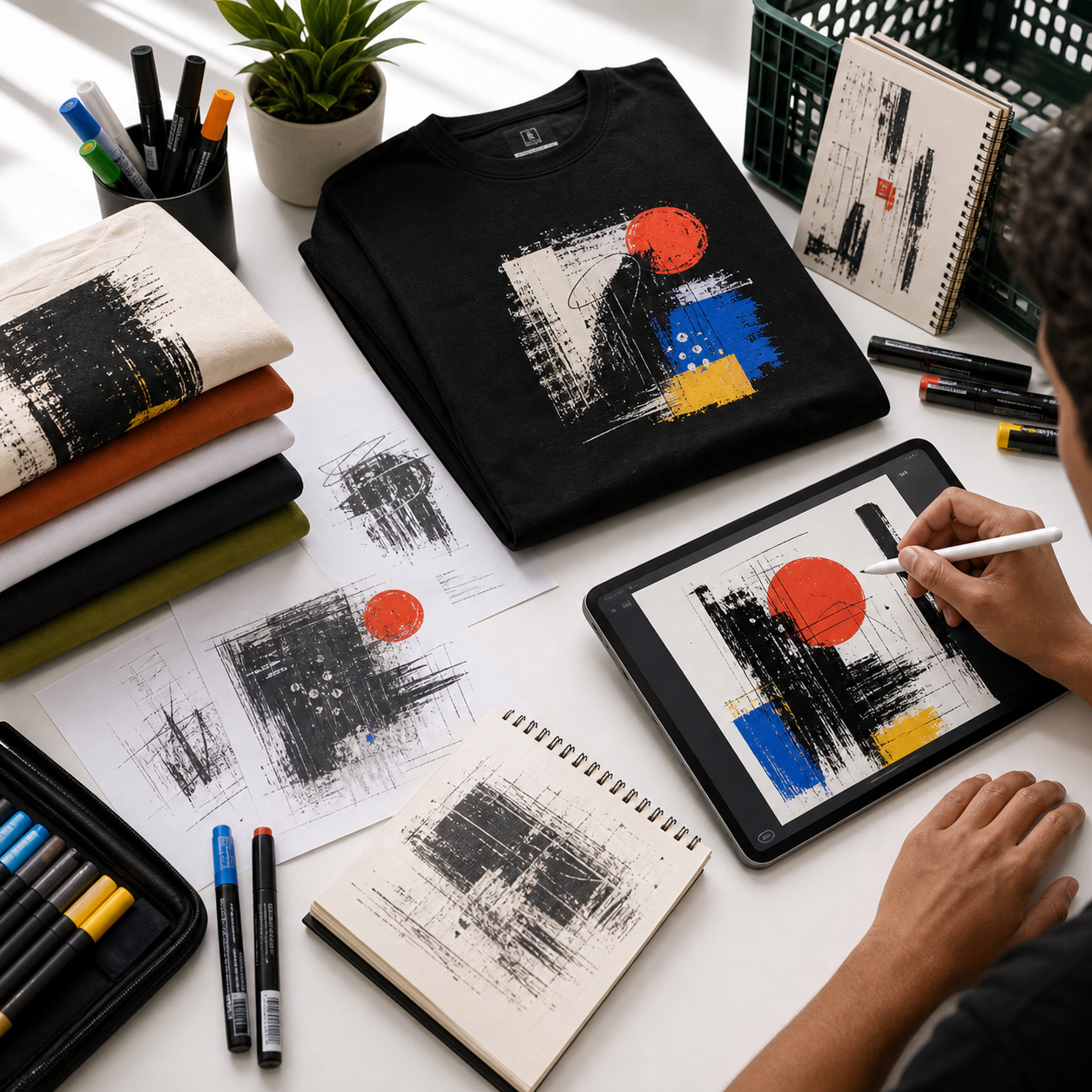 Creator desk with artwork tools and a graphic T-shirt