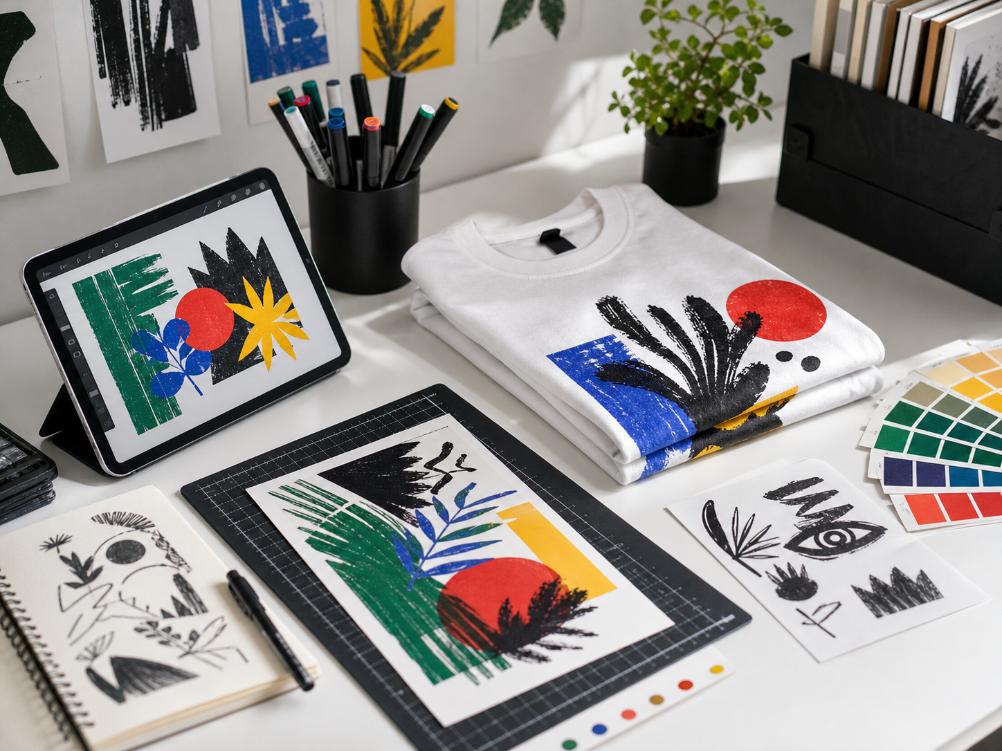 Colorful artist desk with tablet, artwork, and folded graphic tee