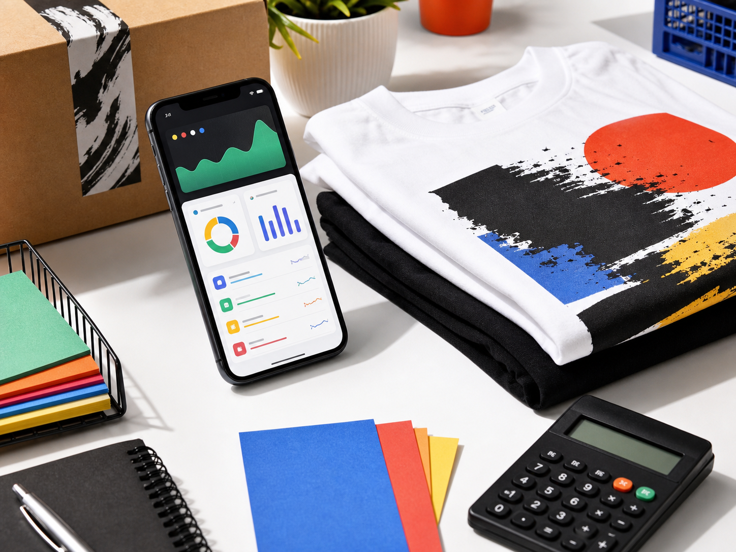 Seller payout desk with phone, order cards, and printed tee