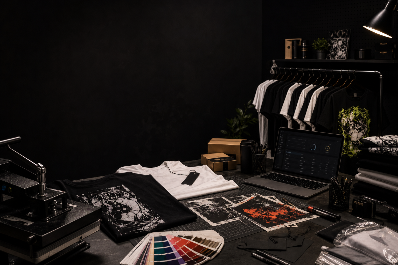 Artist studio desk with print artwork and apparel
